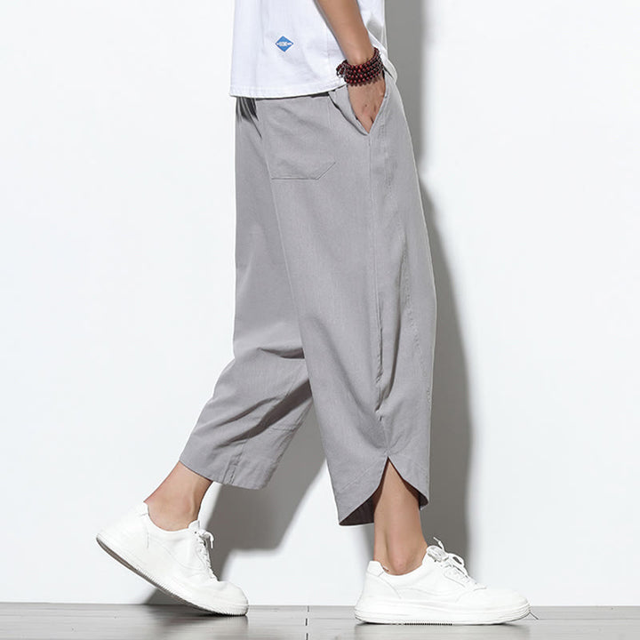 Buddha Stones Casual Letnie Spodnie Harem Męskie Z Sznurkiem Ściąganym 7-8 Długość Lniane Z Kieszeniami