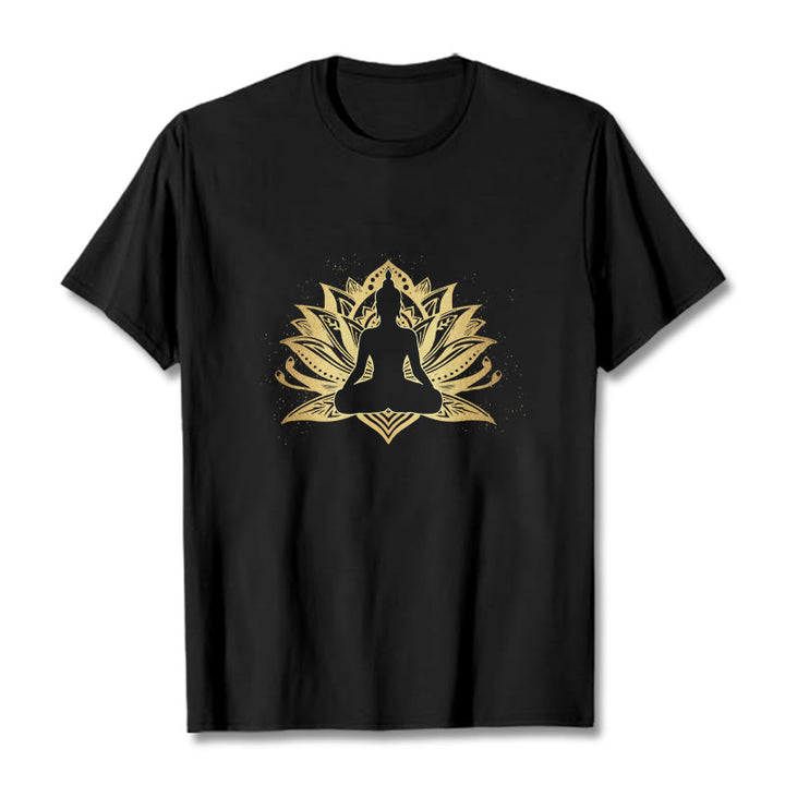 Buddha Stones Złoty Lotos Medytacja Budda T-shirt - Czarny - 2XL - image 1