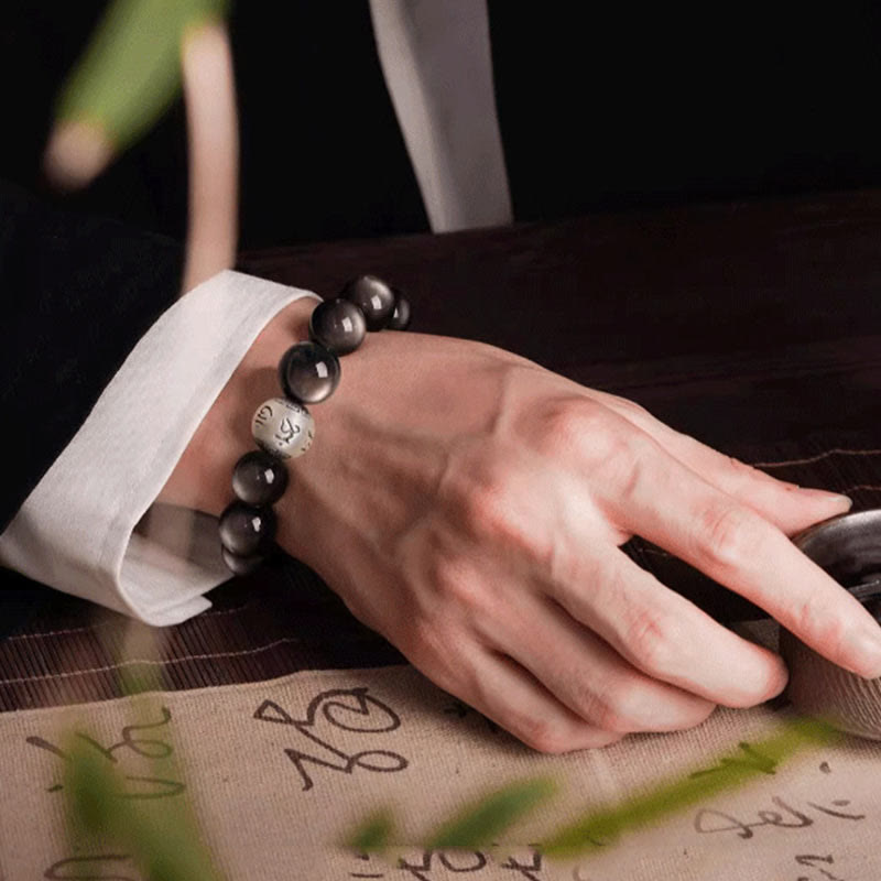 Bransoletka ochronna z Buddha Stones Natural Silver Sheen Om Mani Padme Hum