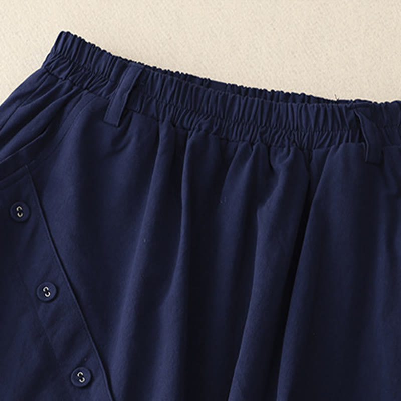 Spódnica damska z kieszeniami Buddha Stones Casual Plain Asymetryczny Guzik Wzór Bawełna