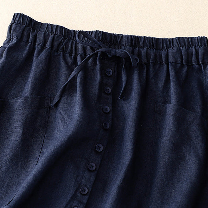 Spódnica damska z bawełny i lnu Buddha Stones Spring Lace-Up z rozcięciem na guziki i kieszeniami - image 5