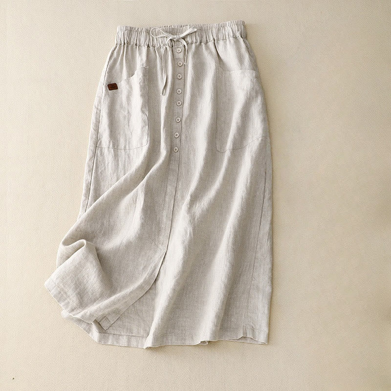 Spódnica damska z bawełny i lnu Buddha Stones Spring Lace-Up z rozcięciem na guziki i kieszeniami - Beżowy - US8-10,UK/AU12-14,EU40-42 (2XL) - image 0