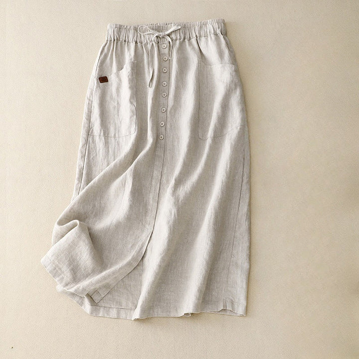 Spódnica damska z bawełny i lnu Buddha Stones Spring Lace-Up z rozcięciem na guziki i kieszeniami - Beżowy - US8-10,UK/AU12-14,EU40-42 (2XL) - image 0