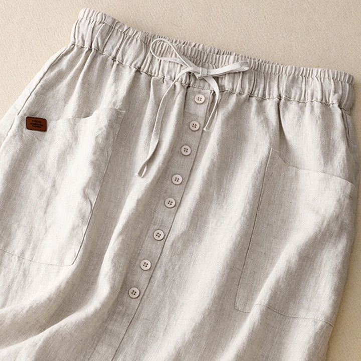 Spódnica damska z bawełny i lnu Buddha Stones Spring Lace-Up z rozcięciem na guziki i kieszeniami - image 1