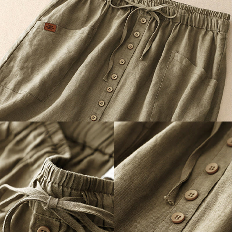 Spódnica damska z bawełny i lnu Buddha Stones Spring Lace-Up z rozcięciem na guziki i kieszeniami - image 3