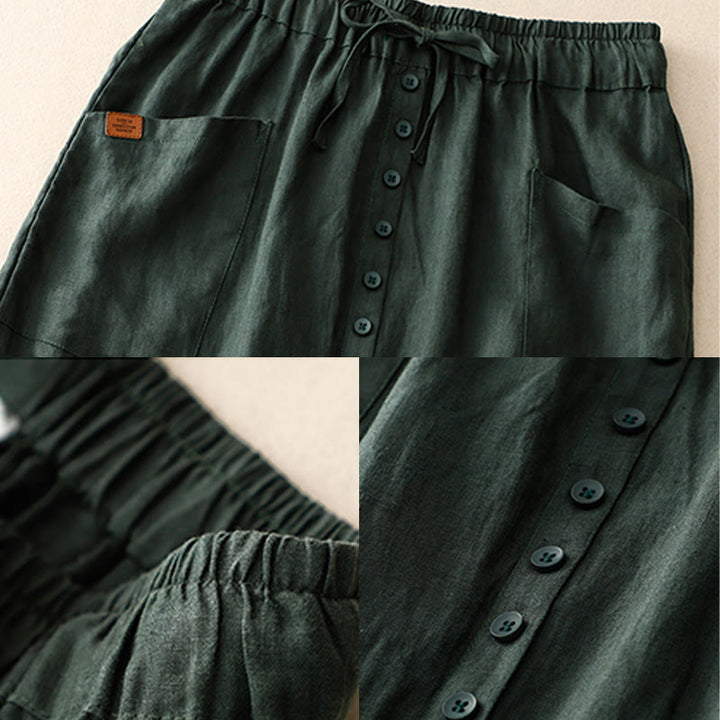 Spódnica damska z bawełny i lnu Buddha Stones Spring Lace-Up z rozcięciem na guziki i kieszeniami - image 8