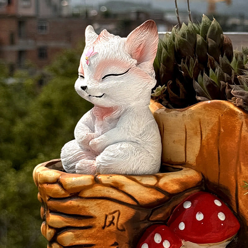 Buddha Stones Mały Dziewięcioogonowy Lis Siedzący Ochrona Żywica Dekoracja Domu