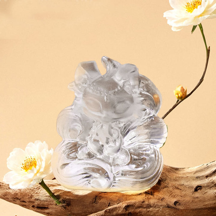 Buddha Stones Naturalny Biały Kryształ Mini Mały Dziewięcioogonowy Lis Rzeźbiony Uzdrawiający Dom Dekoracja