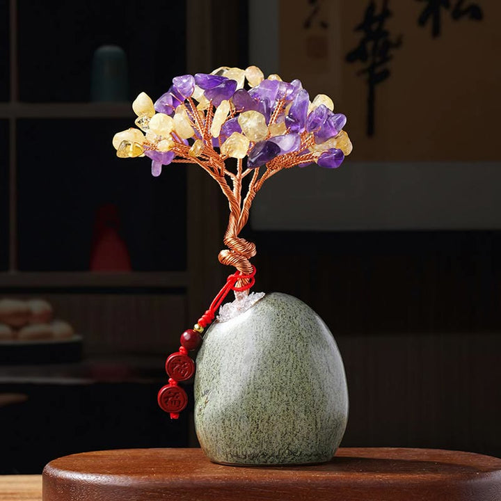 Buddha Stones Cytryn Ametyst Zielony Awenturyn Kryształowe Drzewo Ceramiczna Podstawa Dobrobyt Dekoracja Domu