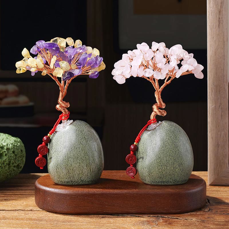 Buddha Stones Cytryn Ametyst Zielony Awenturyn Kryształowe Drzewo Ceramiczna Podstawa Dobrobyt Dekoracja Domu