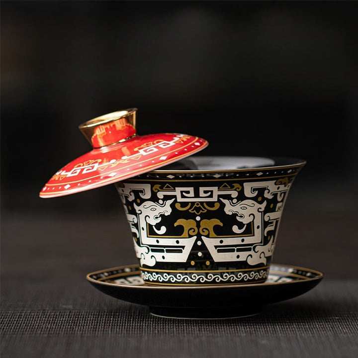 Buddha Stones Thangka Smok Buddowie Dunhuang Ceramiczny Gaiwan Sancai Kung Fu Filiżanka Do Herbaty I Spodek Z Pokrywką Pudełko Prezentowe 180 ml