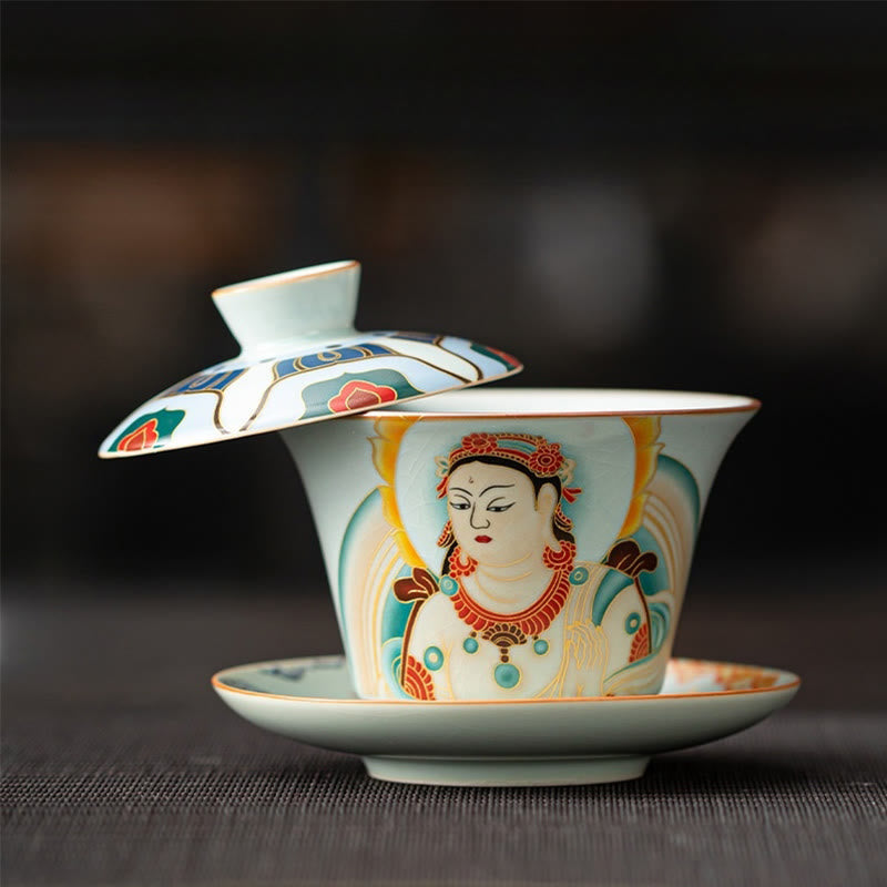 Buddha Stones Thangka Smok Buddowie Dunhuang Ceramiczny Gaiwan Sancai Kung Fu Filiżanka Do Herbaty I Spodek Z Pokrywką Pudełko Prezentowe 180 ml