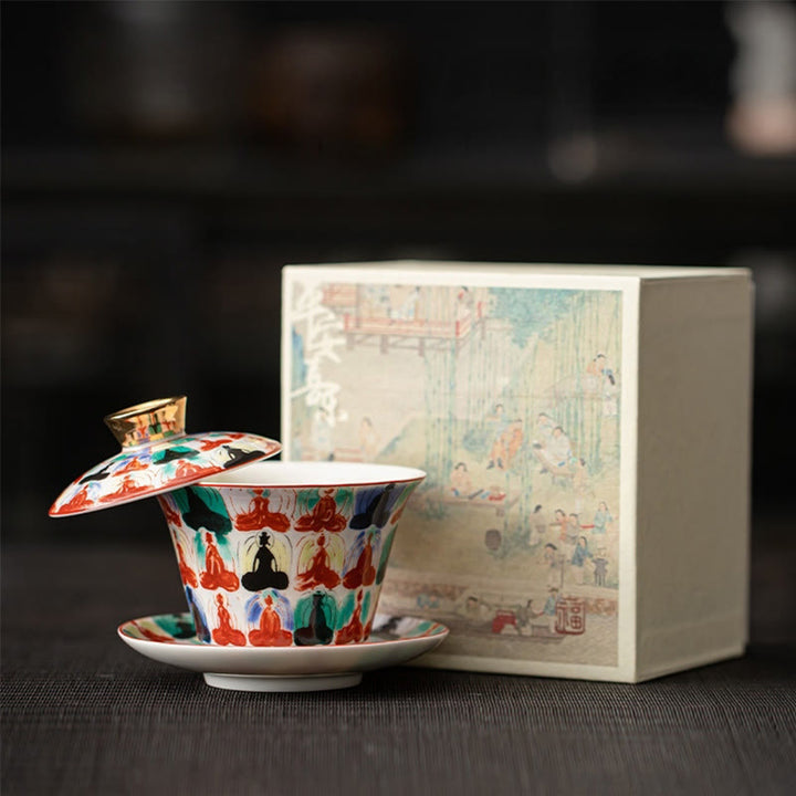 Buddha Stones Thangka Smok Buddowie Dunhuang Ceramiczny Gaiwan Sancai Kung Fu Filiżanka Do Herbaty I Spodek Z Pokrywką Pudełko Prezentowe 180 ml