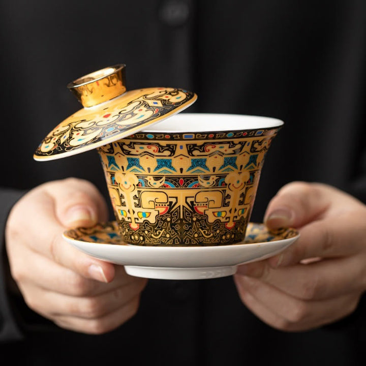 Buddha Stones Thangka Smok Buddowie Dunhuang Ceramiczny Gaiwan Sancai Kung Fu Filiżanka Do Herbaty I Spodek Z Pokrywką Pudełko Prezentowe 180 ml