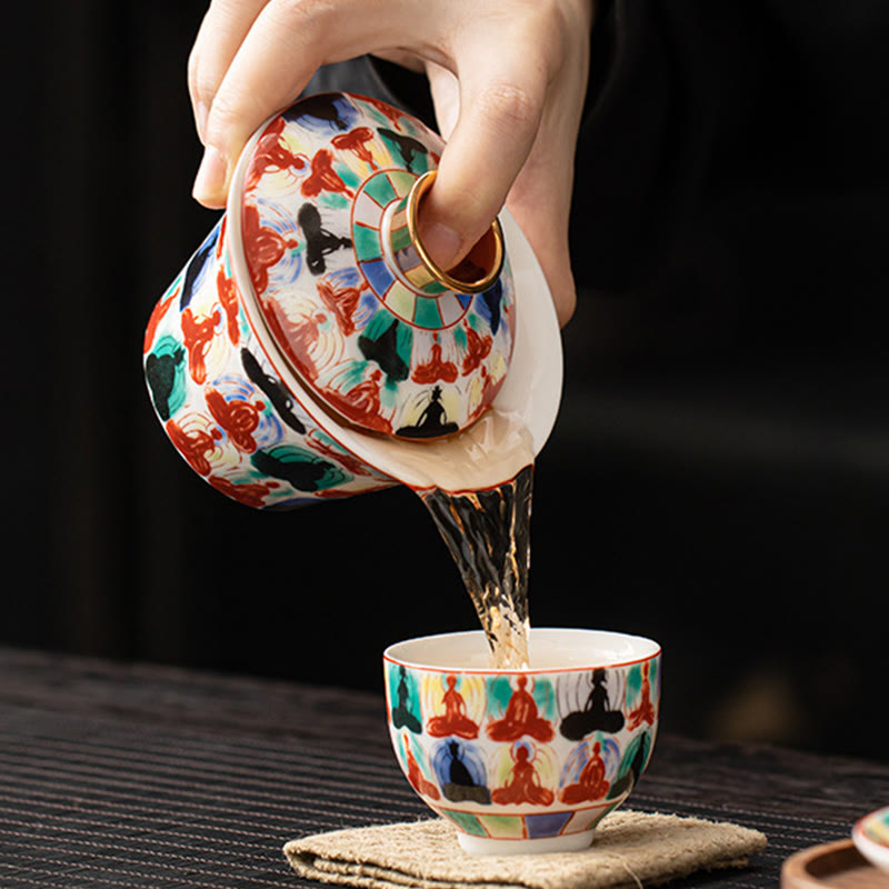 Buddha Stones Thangka Smok Buddowie Dunhuang Ceramiczny Gaiwan Sancai Kung Fu Filiżanka Do Herbaty I Spodek Z Pokrywką Pudełko Prezentowe 180 ml