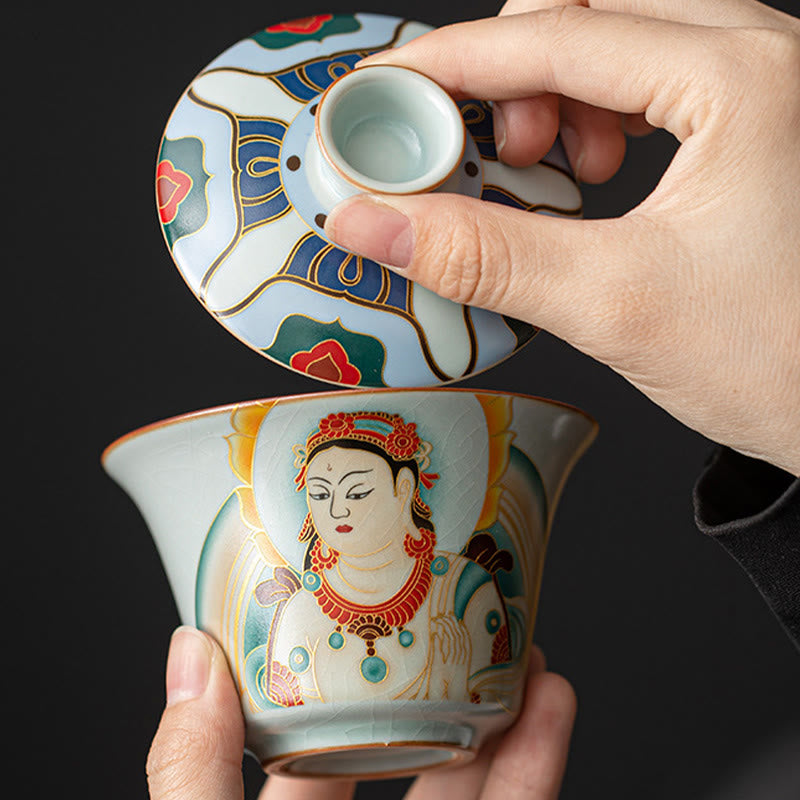 Buddha Stones Thangka Smok Buddowie Dunhuang Ceramiczny Gaiwan Sancai Kung Fu Filiżanka Do Herbaty I Spodek Z Pokrywką Pudełko Prezentowe 180 ml