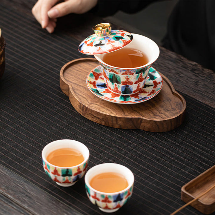 Buddha Stones Thangka Smok Buddowie Dunhuang Ceramiczny Gaiwan Sancai Kung Fu Filiżanka Do Herbaty I Spodek Z Pokrywką Pudełko Prezentowe 180 ml