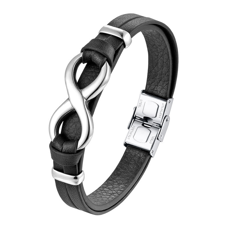 Bransoletka Buddha Stones Endless Knot ze stali tytanowej ze wzmocnieniem ze skóry i klamrą