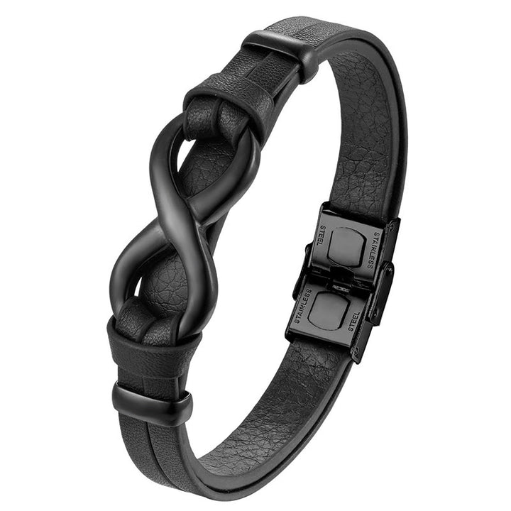 Bransoletka Buddha Stones Endless Knot ze stali tytanowej ze wzmocnieniem ze skóry i klamrą