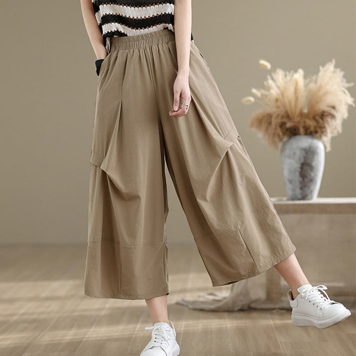 Spodnie damskie z szerokimi nogawkami Buddha Stones Summer Irregular Pleating Design Cotton z kieszeniami