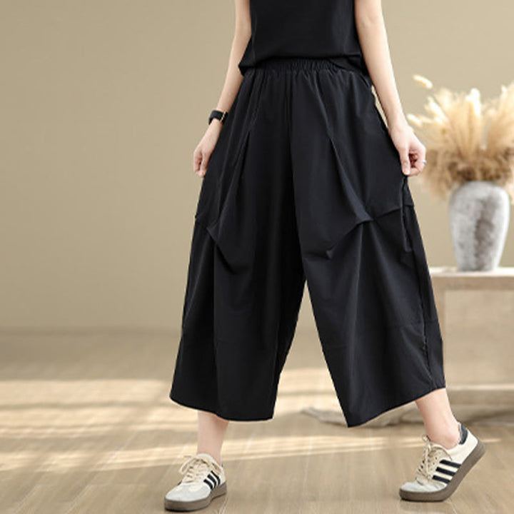 Spodnie damskie z szerokimi nogawkami Buddha Stones Summer Irregular Pleating Design Cotton z kieszeniami