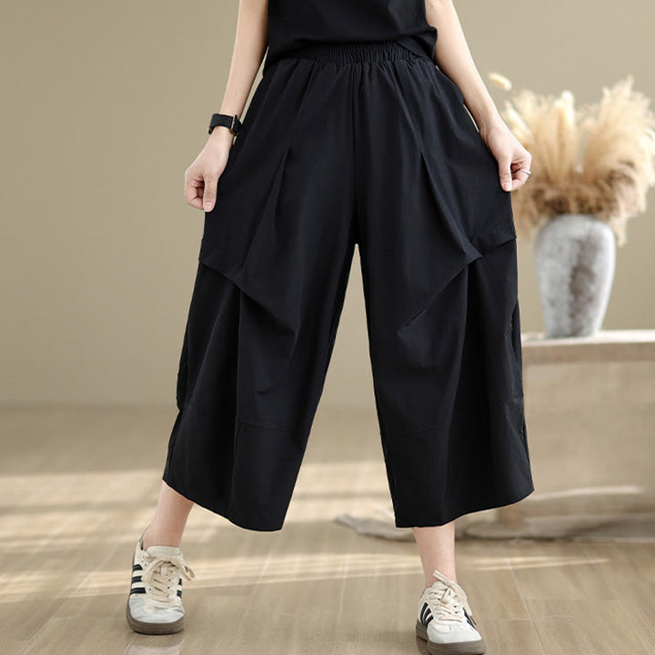 Spodnie damskie z szerokimi nogawkami Buddha Stones Summer Irregular Pleating Design Cotton z kieszeniami