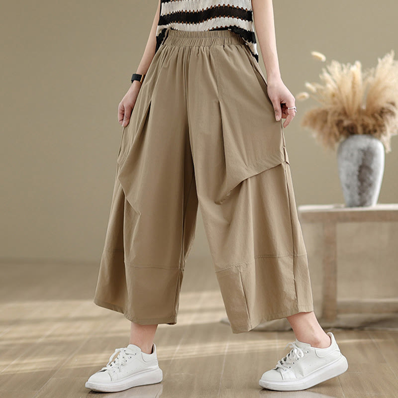 Spodnie damskie z szerokimi nogawkami Buddha Stones Summer Irregular Pleating Design Cotton z kieszeniami