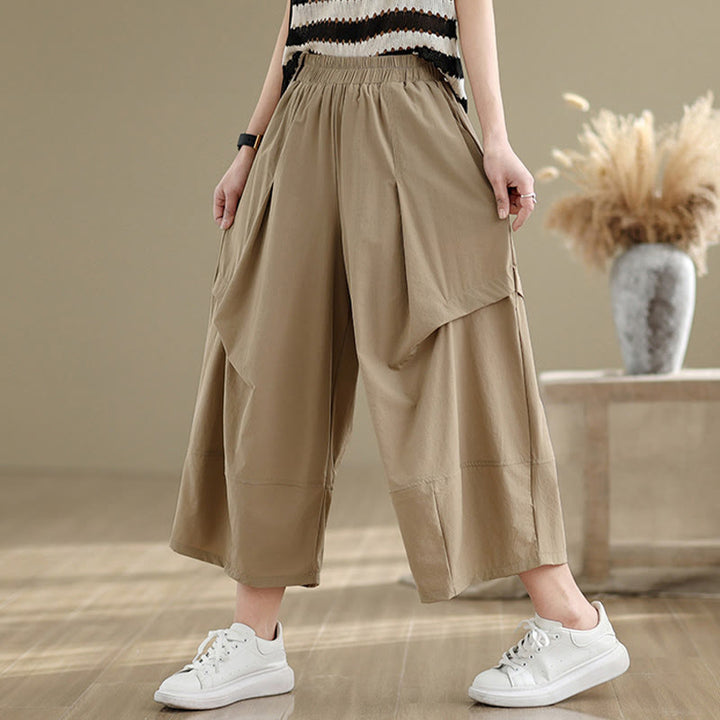 Spodnie damskie z szerokimi nogawkami Buddha Stones Summer Irregular Pleating Design Cotton z kieszeniami