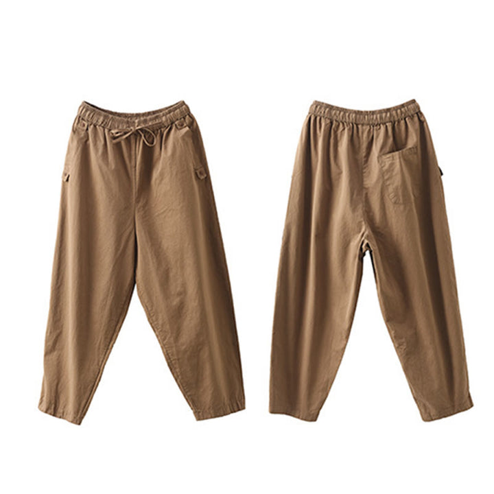 Spodnie damskie Harem Cropped z bawełny Buddha Stones Casual Plain Patched Cuff Design z kieszeniami