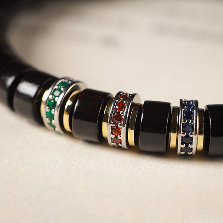 Bransoletka Buddha Stones Ebony Wood Small Leaf Red Sandałowiec Cyrkon Peace