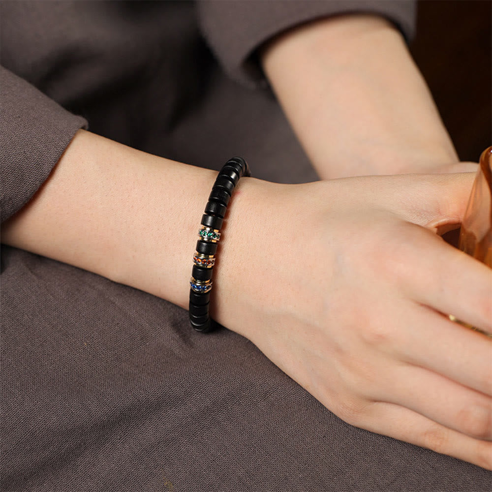 Bransoletka Buddha Stones Ebony Wood Small Leaf Red Sandałowiec Cyrkon Peace