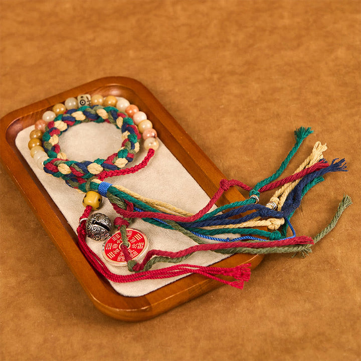 Buddha Stones Tybetańskie Duchy Górskie Wydaj Pieniądze Kolorowy Chalcedon Dwuwarstwowa Kolorowa Lina Chwost Pozytywna Bransoletka