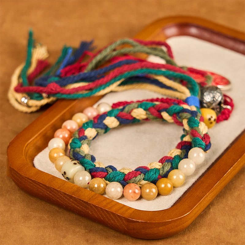 Buddha Stones Tybetańskie Duchy Górskie Wydaj Pieniądze Kolorowy Chalcedon Dwuwarstwowa Kolorowa Lina Chwost Pozytywna Bransoletka