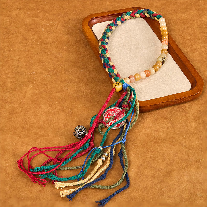 Buddha Stones Tybetańskie Duchy Górskie Wydaj Pieniądze Kolorowy Chalcedon Dwuwarstwowa Kolorowa Lina Chwost Pozytywna Bransoletka