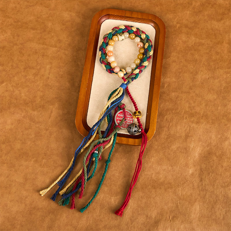 Buddha Stones Tybetańskie Duchy Górskie Wydaj Pieniądze Kolorowy Chalcedon Dwuwarstwowa Kolorowa Lina Chwost Pozytywna Bransoletka