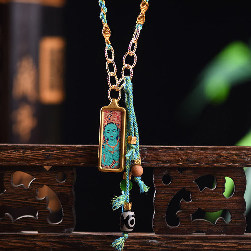 Buddha Stones Tybet Bóg Bogactwa Tytanowa Stalowa Thangka Naszyjnik Bogactwo Wisiorek