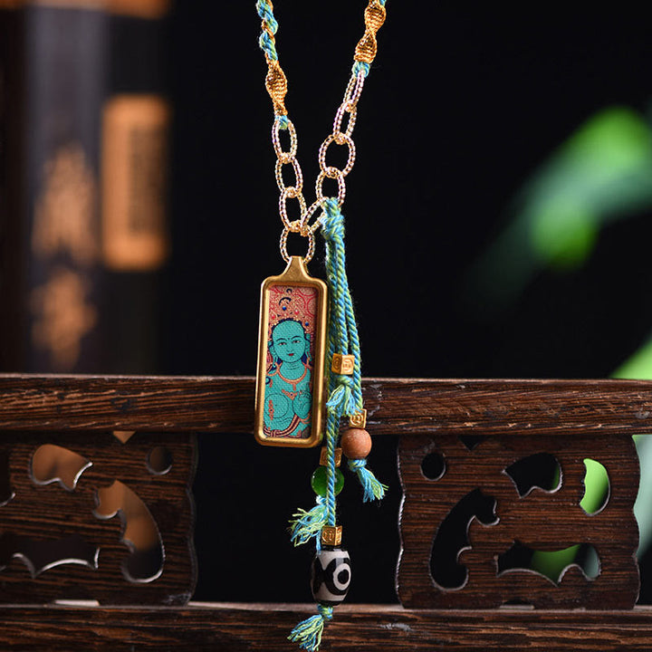 Buddha Stones Tybet Bóg Bogactwa Tytanowa Stalowa Thangka Naszyjnik Bogactwo Wisiorek