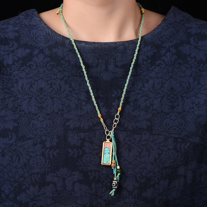 Buddha Stones Tybet Bóg Bogactwa Tytanowa Stalowa Thangka Naszyjnik Bogactwo Wisiorek