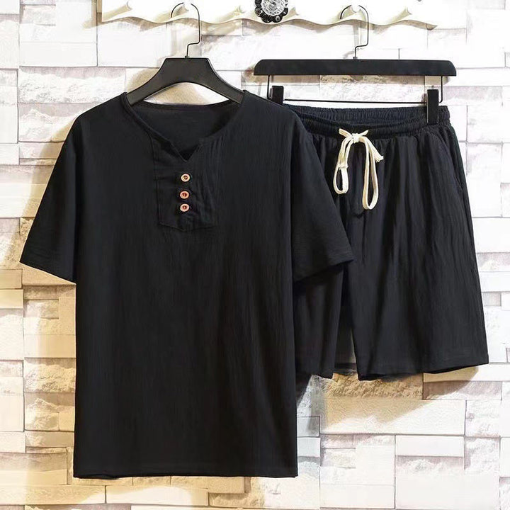 Buddha Stones, 2 sztuki, koszulka z krótkim rękawem, ściągacz, krótkie spodnie z kieszeniami, męski zestaw bawełniano-lnianych ubrań do medytacji - Czarny - US/UK/AU46, EU56 (5XL) - image 9