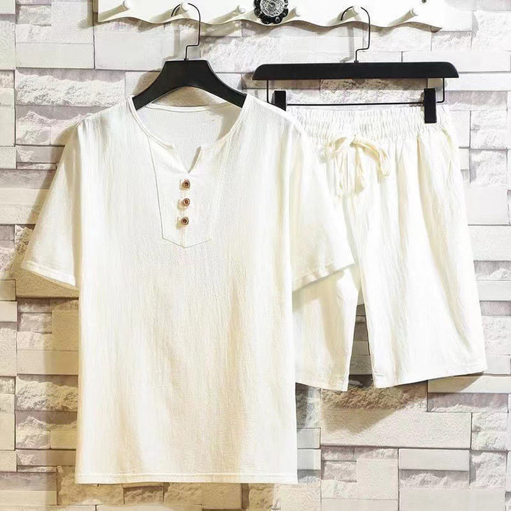 Buddha Stones, 2 sztuki, koszulka z krótkim rękawem, ściągacz, krótkie spodnie z kieszeniami, męski zestaw bawełniano-lnianych ubrań do medytacji - FloralWhite - US/UK/AU46, EU56 (5XL) - image 2