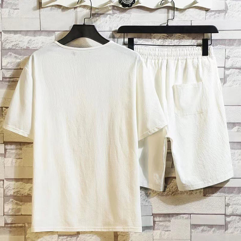 Buddha Stones, 2 sztuki, koszulka z krótkim rękawem, ściągacz, krótkie spodnie z kieszeniami, męski zestaw bawełniano-lnianych ubrań do medytacji - image 3