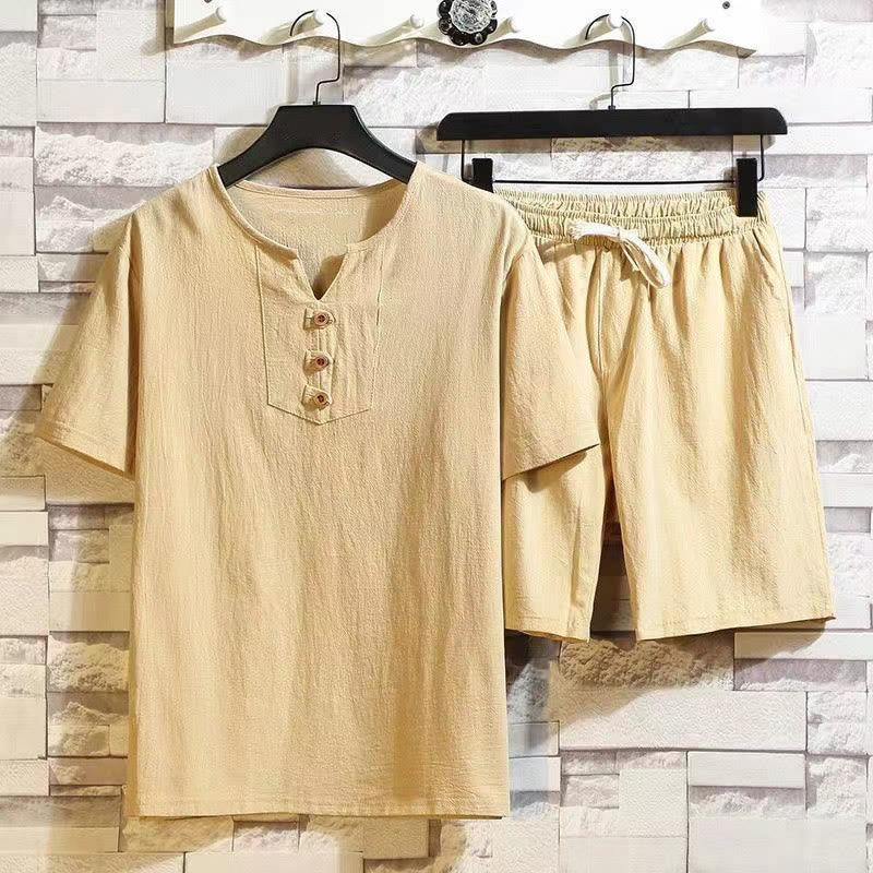 Buddha Stones, 2 sztuki, koszulka z krótkim rękawem, ściągacz, krótkie spodnie z kieszeniami, męski zestaw bawełniano-lnianych ubrań do medytacji - Khaki - US/UK/AU46, EU56 (5XL) - image 11