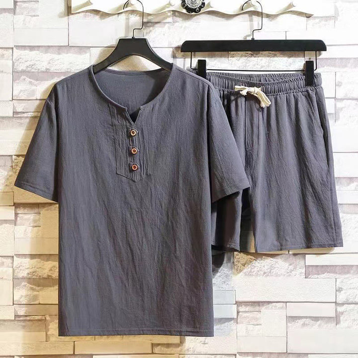 Buddha Stones, 2 sztuki, koszulka z krótkim rękawem, ściągacz, krótkie spodnie z kieszeniami, męski zestaw bawełniano-lnianych ubrań do medytacji - DimGray - US/UK/AU46, EU56 (5XL) - image 7