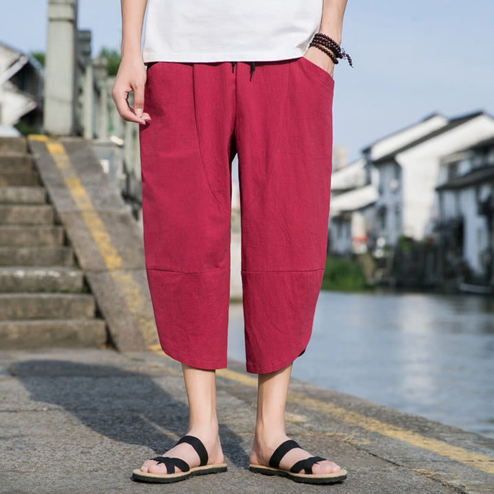 Buddha Stones Letnie swobodne proste gładkie zwężane spodnie męskie ze ściągaczem 7-8 długości bawełniane lniane z kieszeniami - image 22