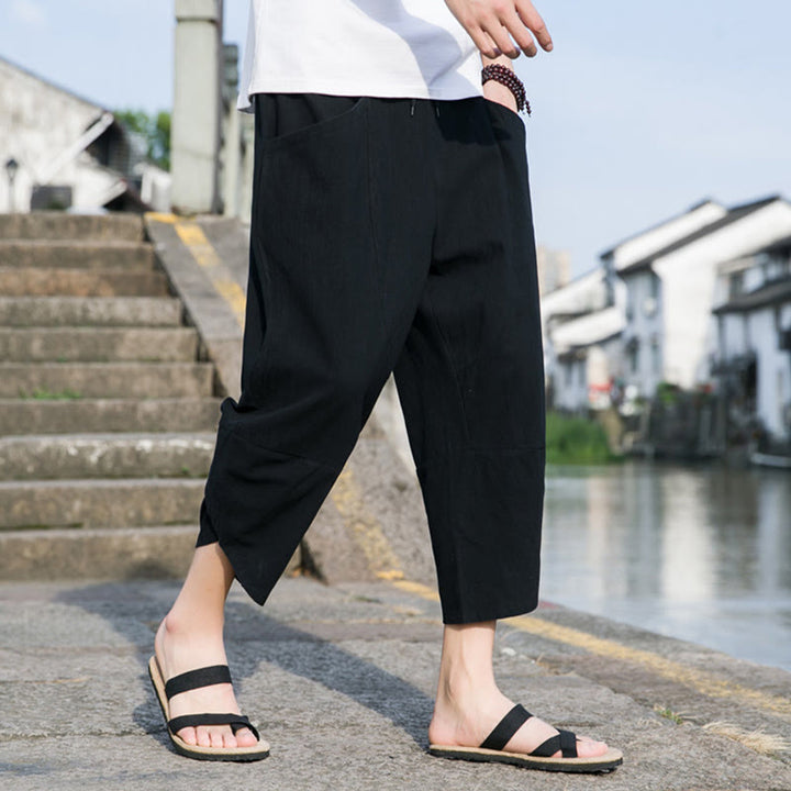 Buddha Stones Letnie swobodne proste gładkie zwężane spodnie męskie ze ściągaczem 7-8 długości bawełniane lniane z kieszeniami - image 8