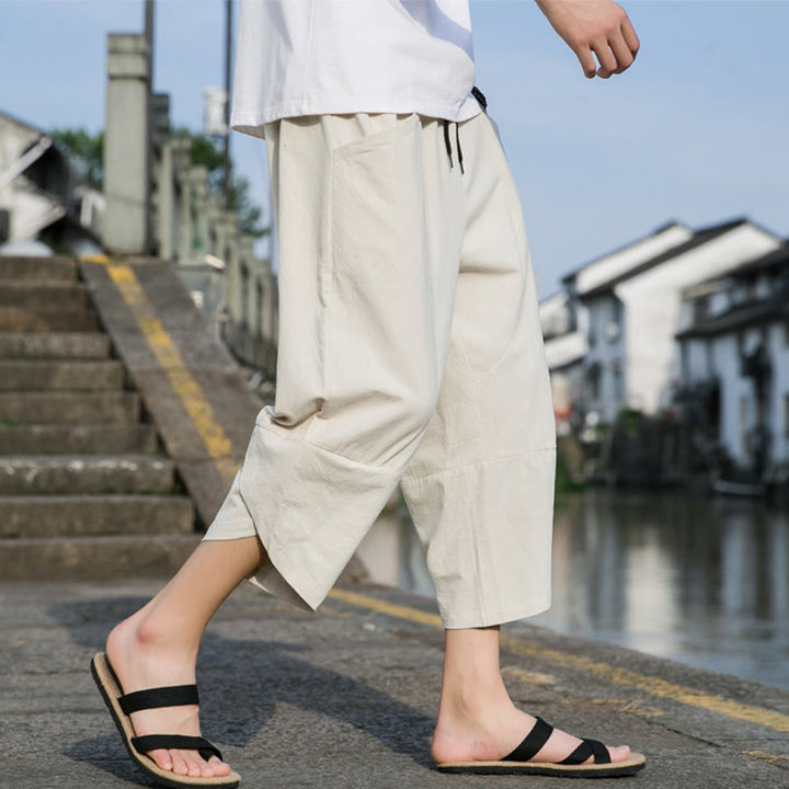 Buddha Stones Letnie swobodne proste gładkie zwężane spodnie męskie ze ściągaczem 7-8 długości bawełniane lniane z kieszeniami - Beżowy - US/UK/AU46, EU56 (5XL) - image 16