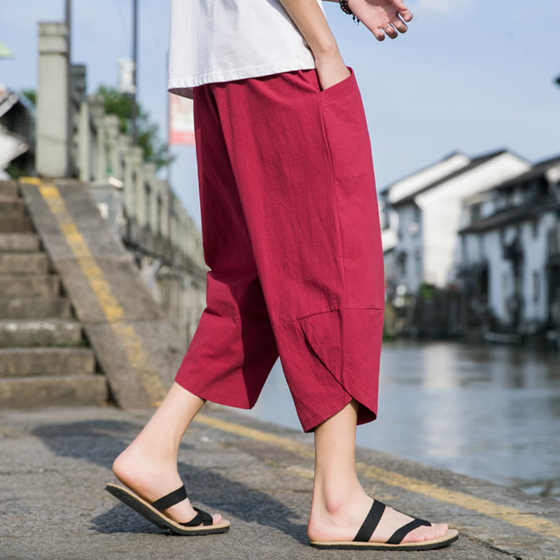 Buddha Stones Letnie swobodne proste gładkie zwężane spodnie męskie ze ściągaczem 7-8 długości bawełniane lniane z kieszeniami - image 23