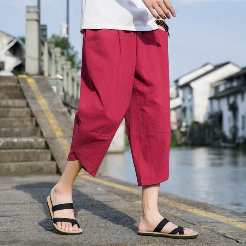 Buddha Stones Letnie swobodne proste gładkie zwężane spodnie męskie ze ściągaczem 7-8 długości bawełniane lniane z kieszeniami - image 24