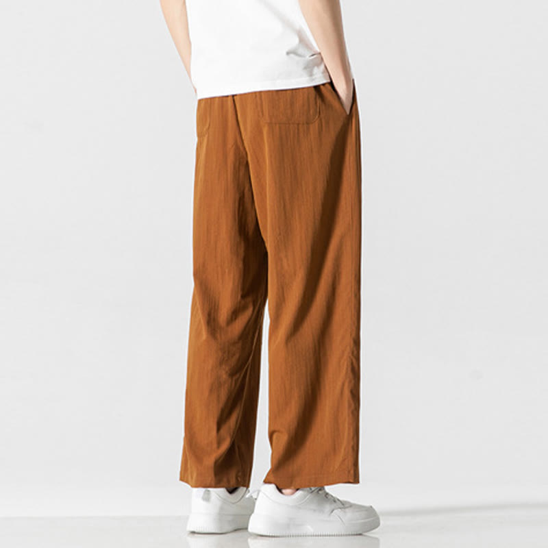 Buddha Stones Letnie Luźne Proste Spodnie Męskie Bawełniane Lniane Ściągane Sznurkiem Z Kieszeniami - image 33