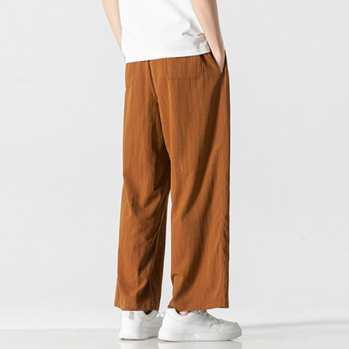 Buddha Stones Letnie Luźne Proste Spodnie Męskie Bawełniane Lniane Ściągane Sznurkiem Z Kieszeniami - image 33